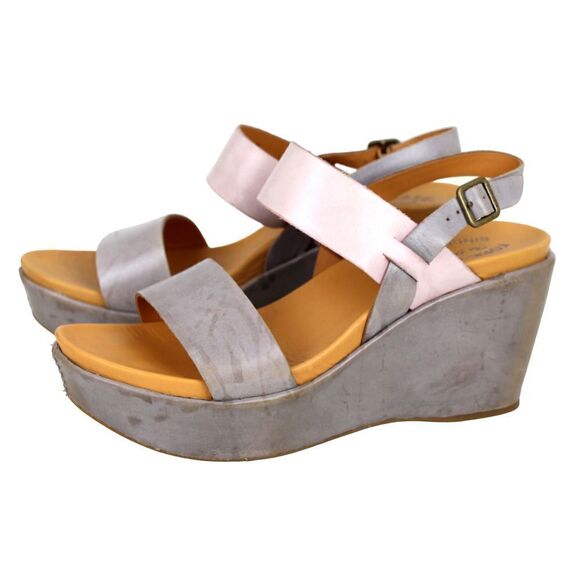 Kork-Ease GRAY PINK GENUINE LEATHER OPEN TOE HIGH HEEL WEDGE SHOES Sz 8M - Picture 4 of 11